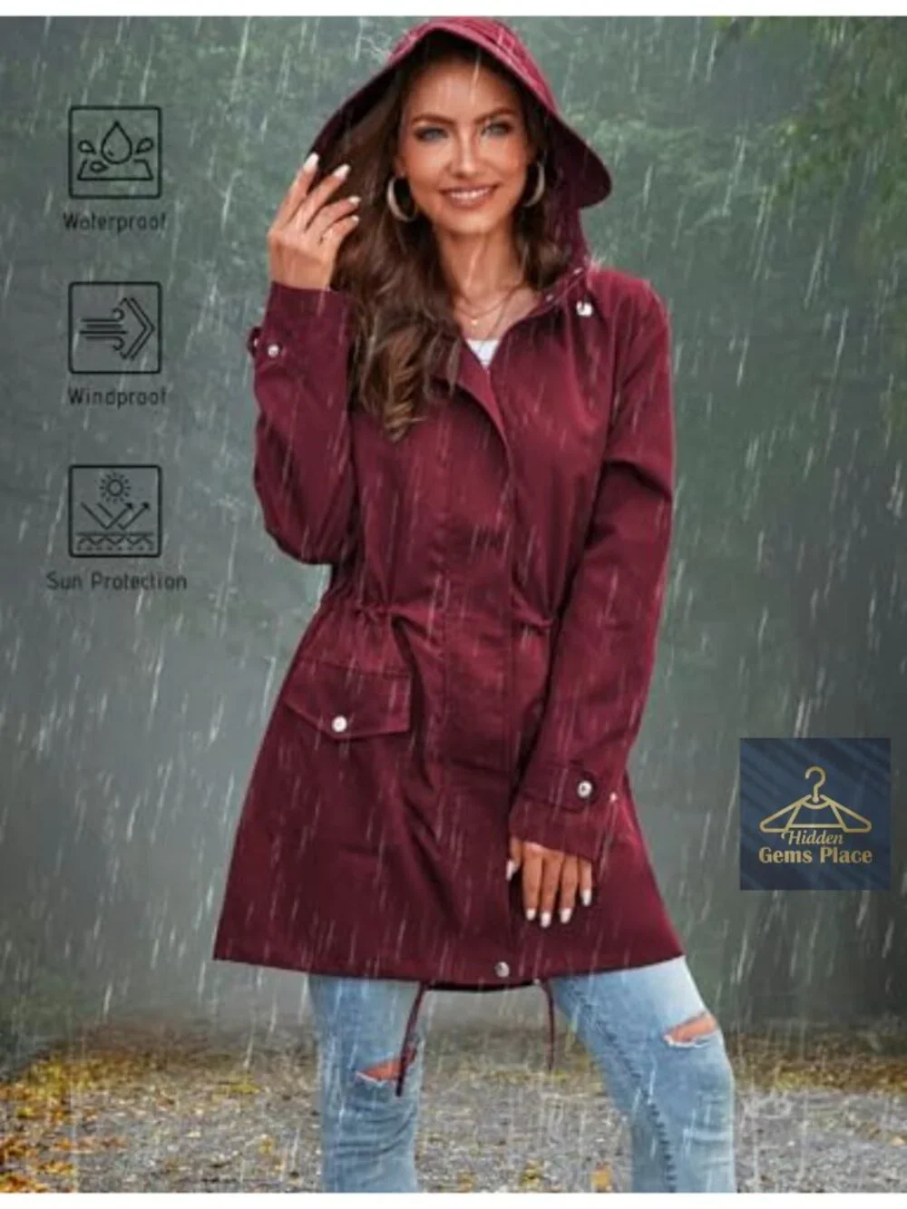 Waterproof Long Trench Raincoat for Women with Hood